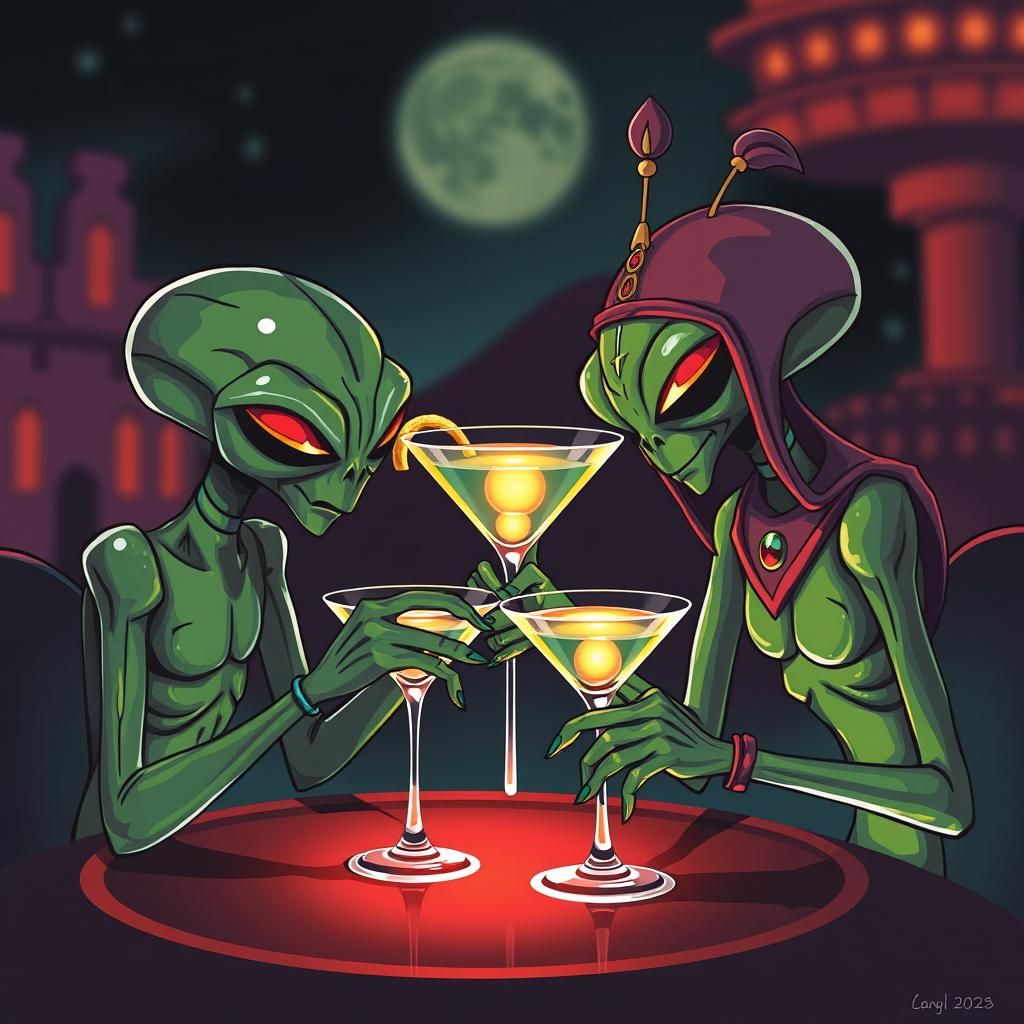 Martians Enjoying Martinis in Simple Scene