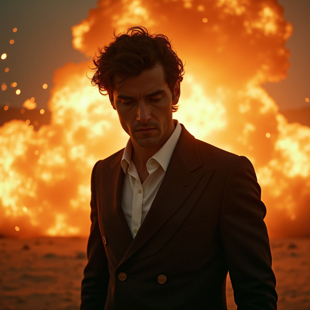 Introspective Gaze Amidst Explosions: Cinematic Portrait
