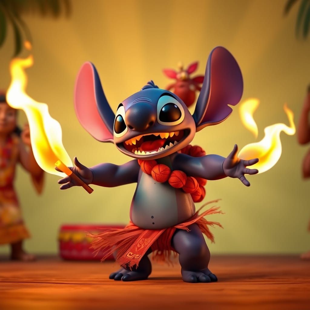Stitch from "Lilo & Stitch" doing a  Polynesian fire dance at a luau with lots of flames. Pixar, Disney, concept art, 3d...