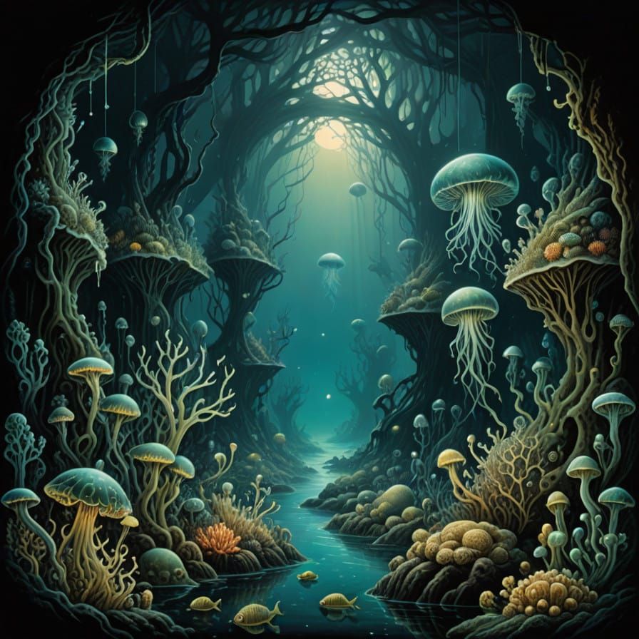 Glowing Abyssal Creatures Drift in Dark Ocean Depth