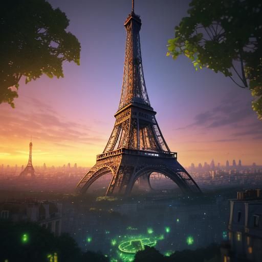 Eiffel Tower in Paris with Bioluminescent Fungi