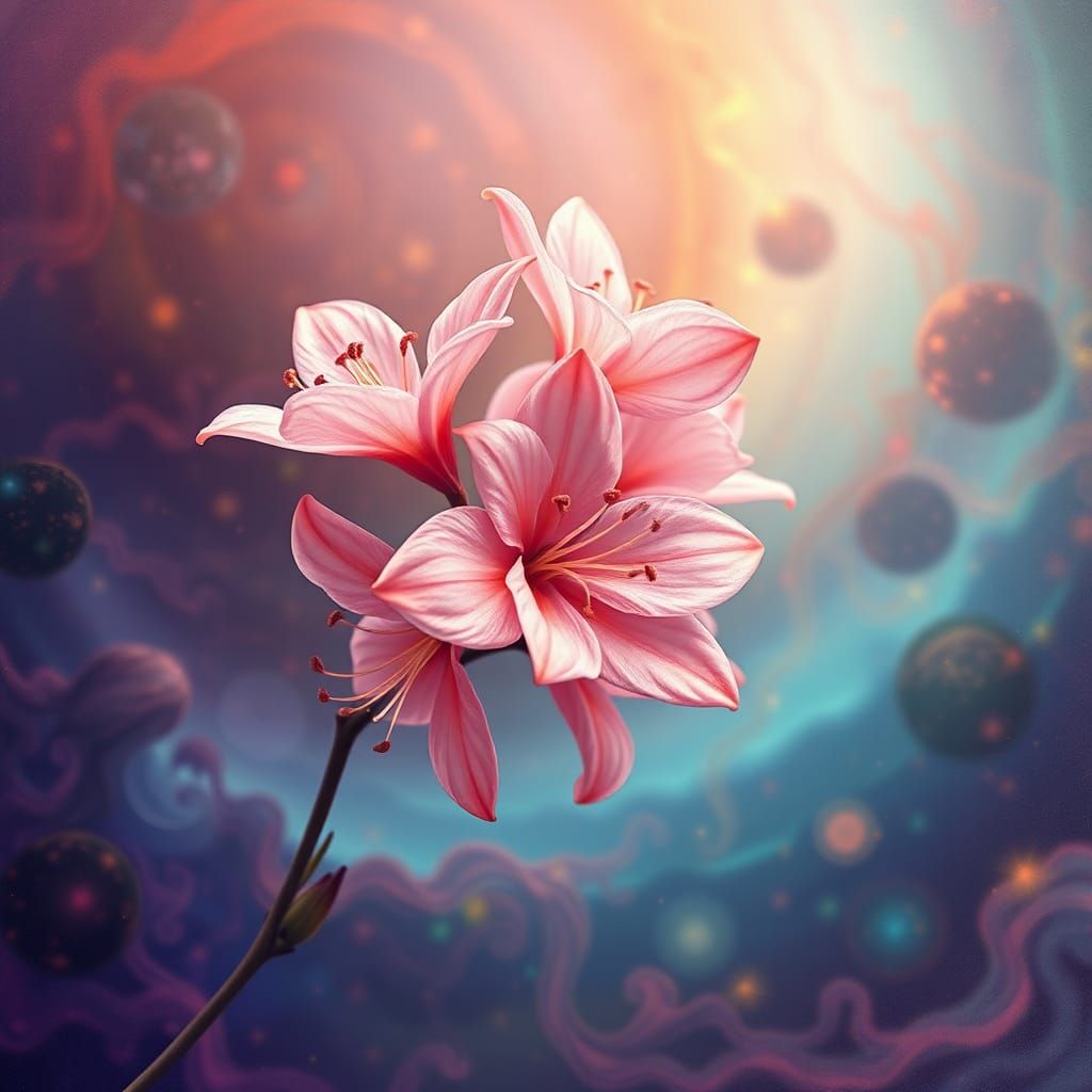 Exotic Pink Flowers in Cosmic Astralscape