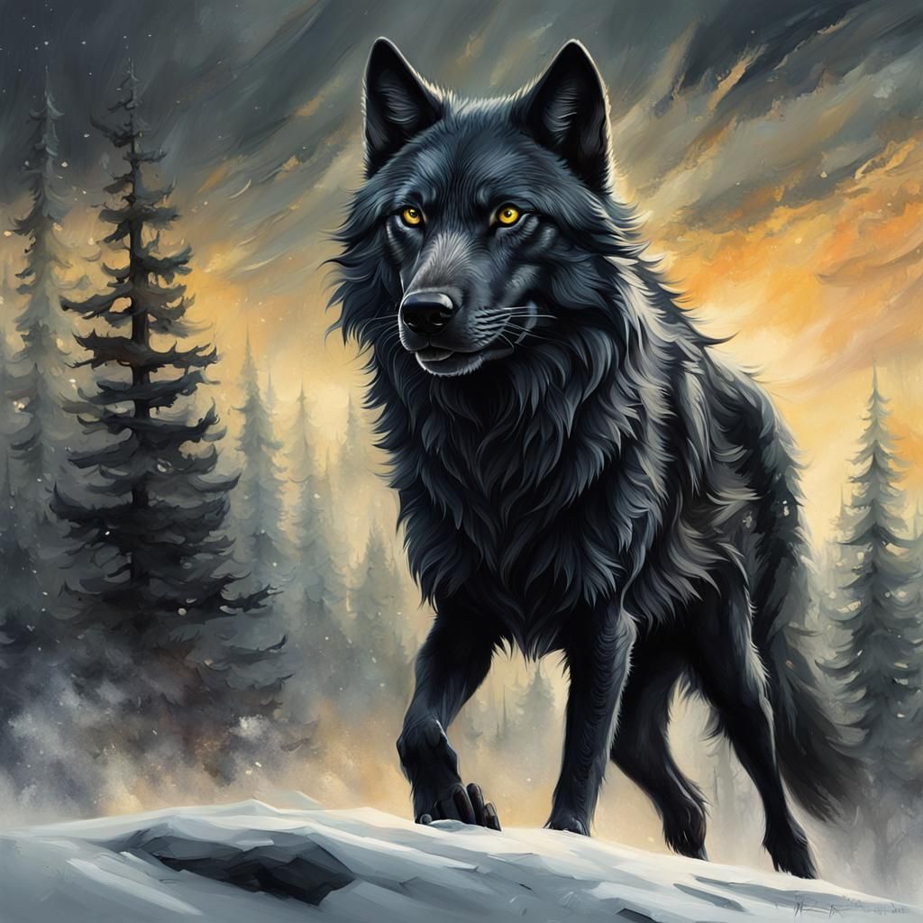 Detailed Black Wolf Painting with Rough Brushstrokes