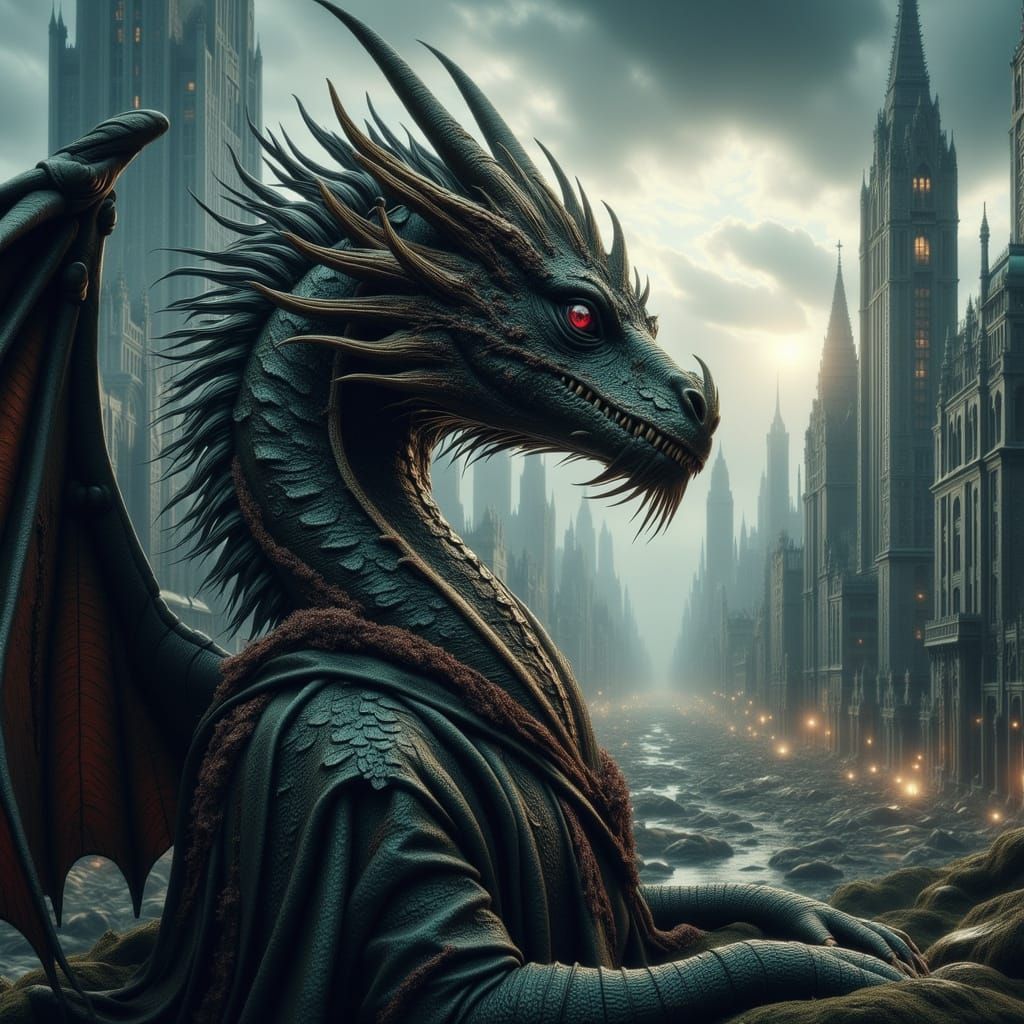 Dragon Queen Surveys Cyberpunk Ruins