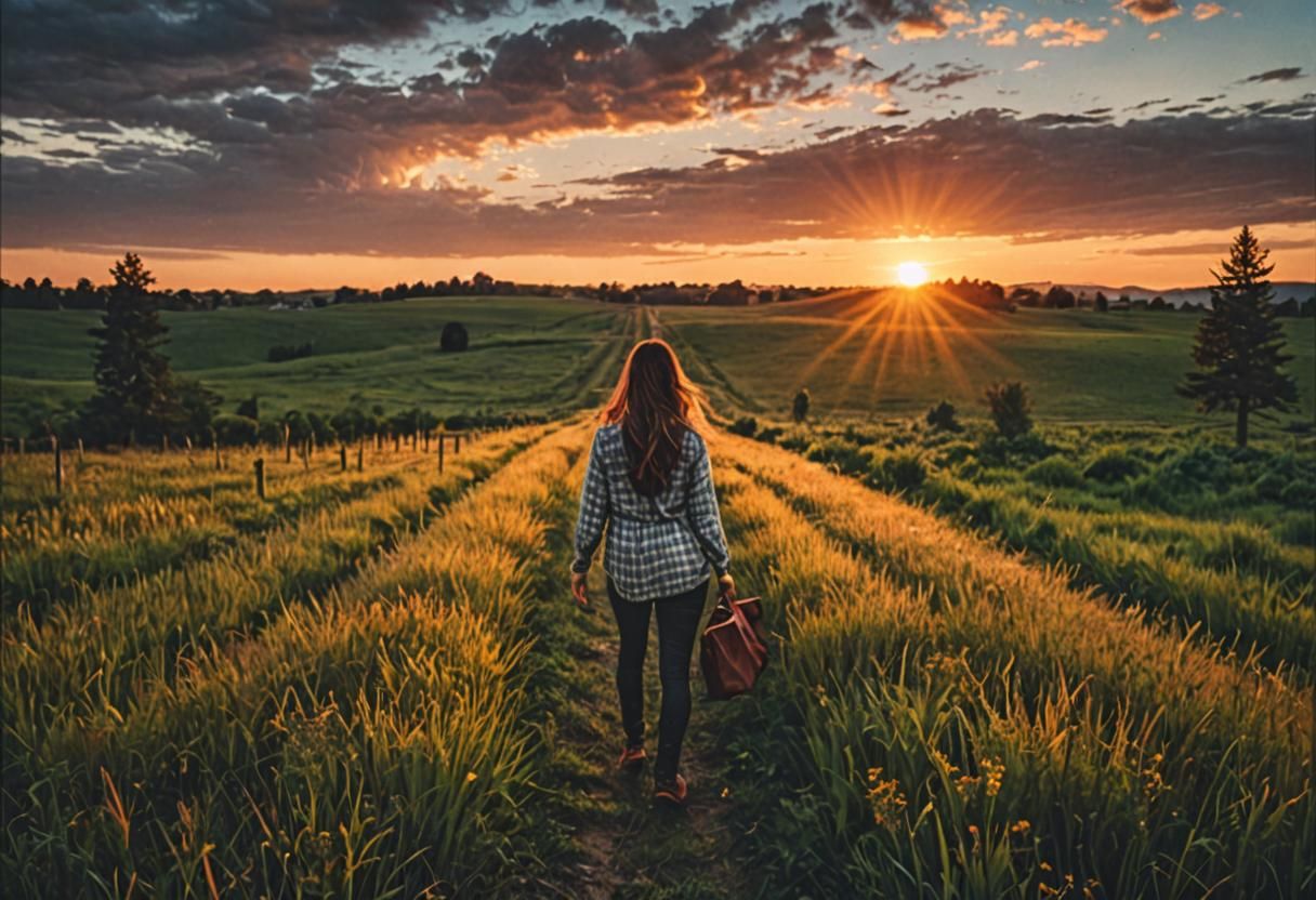 Sunset Meadow: Woman in Distance, Hyperrealistic Album Art