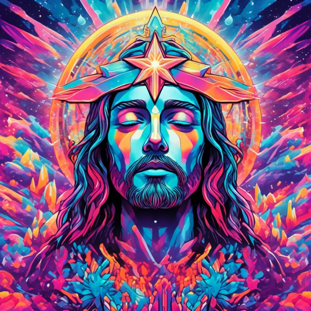 Psychedelic Jesus in Hyperrealistic Dreamscape