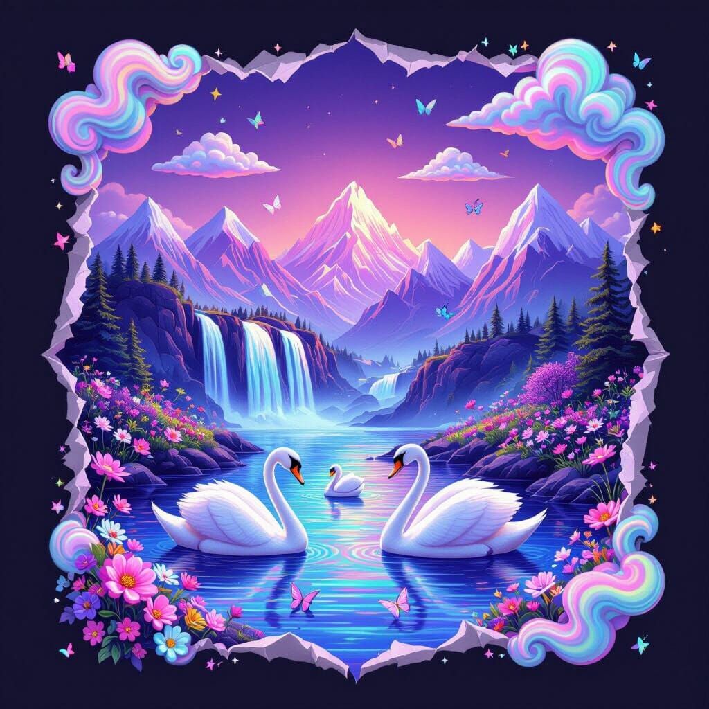 Rainbow Waterfalls and Iridescent Swans Landscape