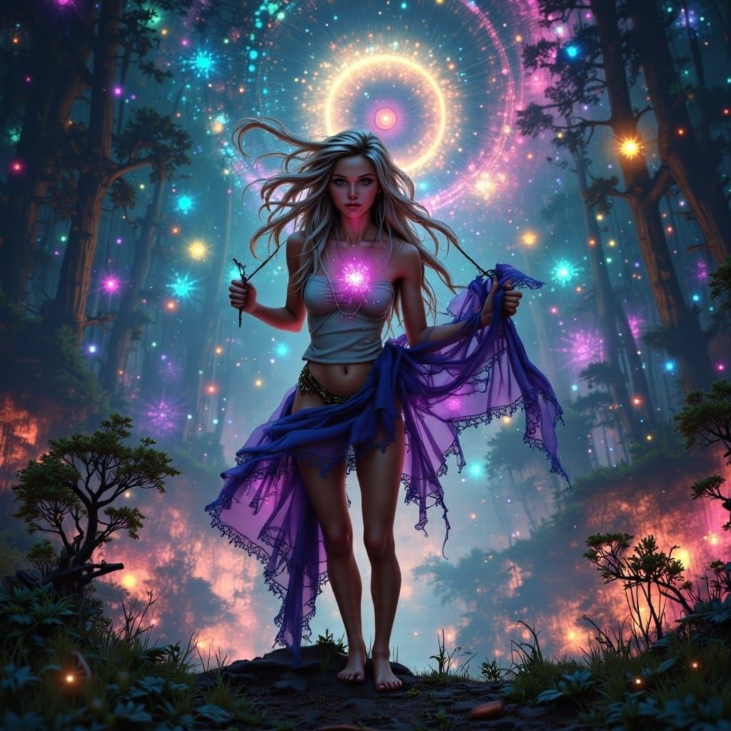Ethereal Woman in Cosmic Forest with Ornamental Thunderstorm