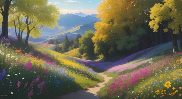 Vibrant Rolling Hills Landscape in Detailed Digital Painting...