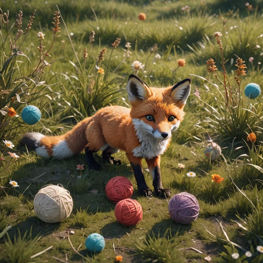 Cute Fox Cub Plays With Yarn Plushie