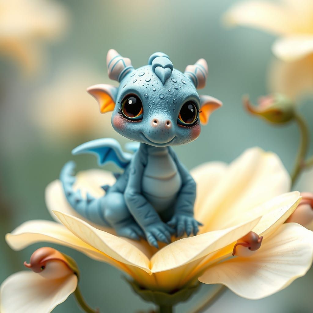 Delicate, Whimsical 2-Inch Blue Dragon Perched on a Flower P...