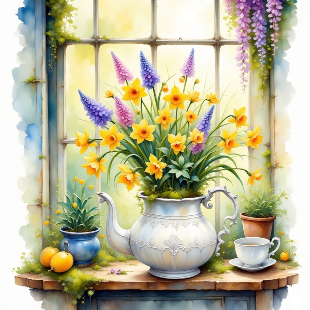 Whimsical Floral Teapot Illustration in Watercolour Style