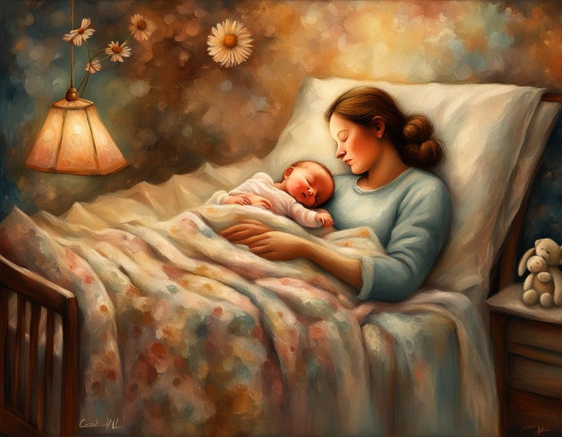 Impasto painting of A happy mother gently are looking her ba...