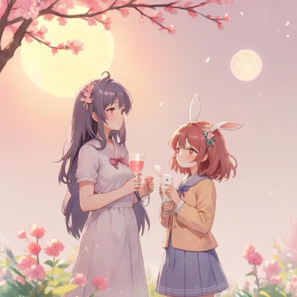 Akane and Moon Rabbit in Anime Garden Scene