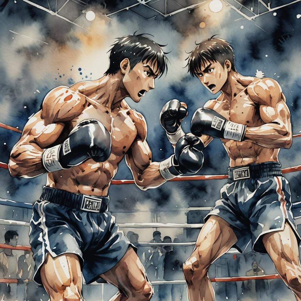 Anime Boxers in Watercolor Style Fight in Ring