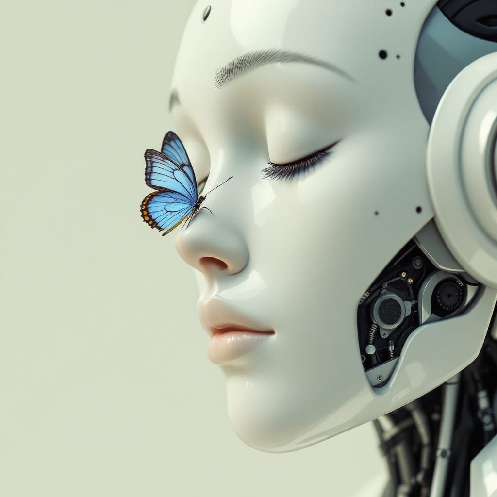 Minimalist Robot With Butterfly on Nose