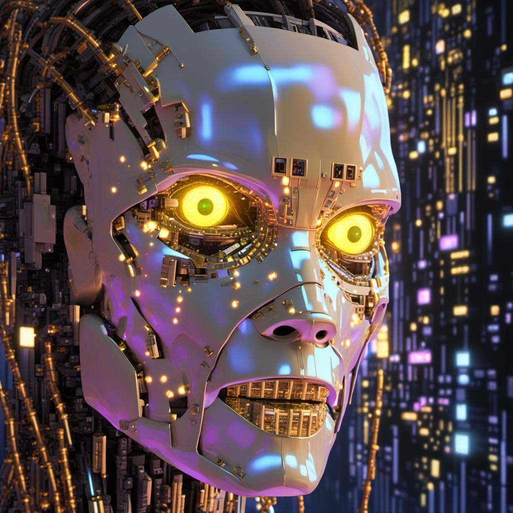 Gold Chrome Cyborg in Matrix Code Cyberspace
