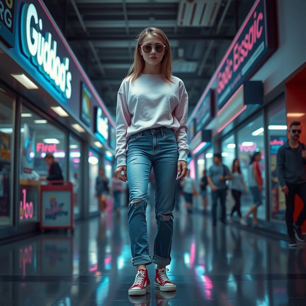 Mesmerized Woman in 1980s Mall, Barefoot