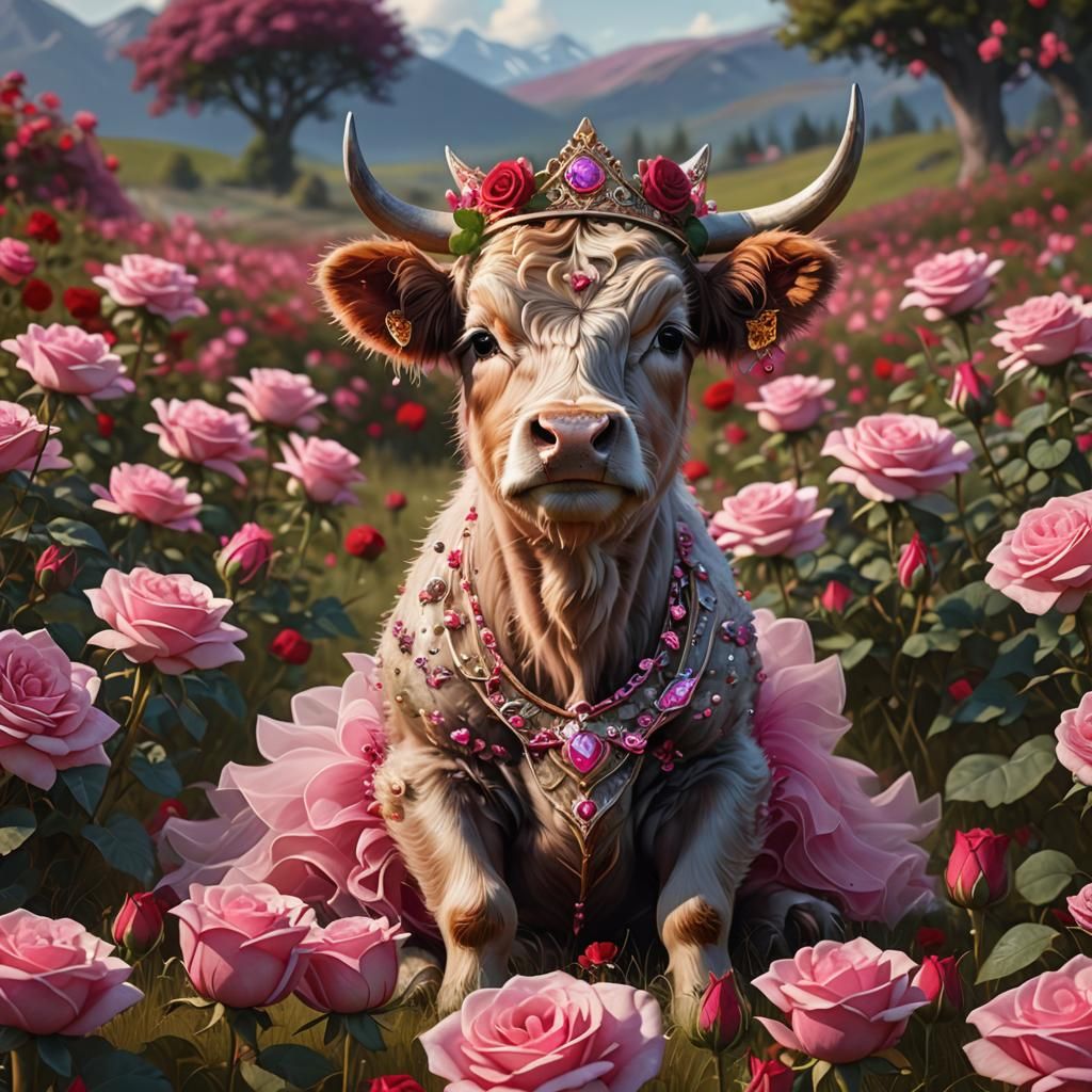 Highland Calf in Tutu Amongst Roses, Digital Art