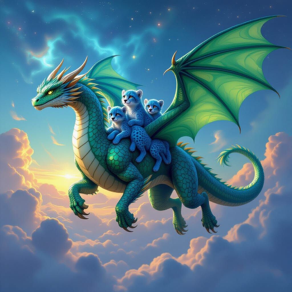 Emerald Dragon Carries Blue Cheetah and Cubs Through Nebula