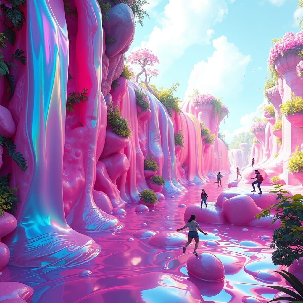 Whimsical Realm of Iridescent Bubble Gum Waterfalls