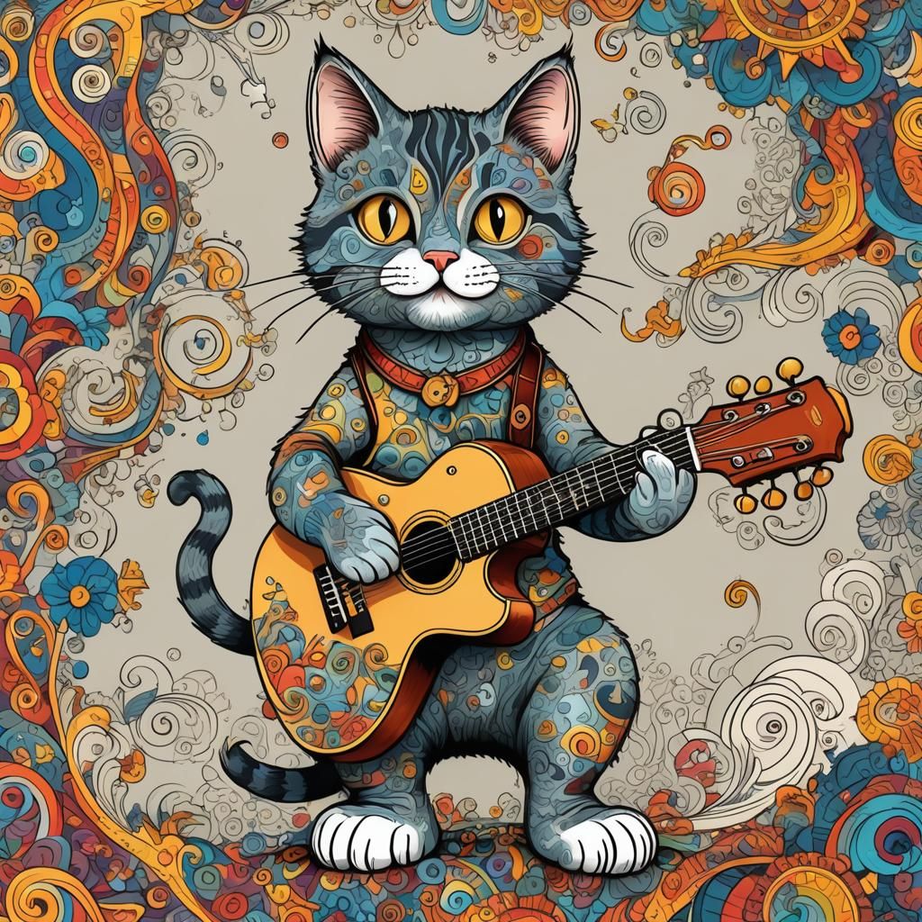 Cartoon Cat Caricature Playing Guitar