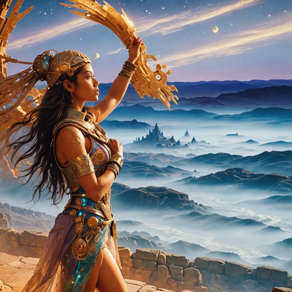 Futuristic Astronaut in Mystical Temple at Golden Hour