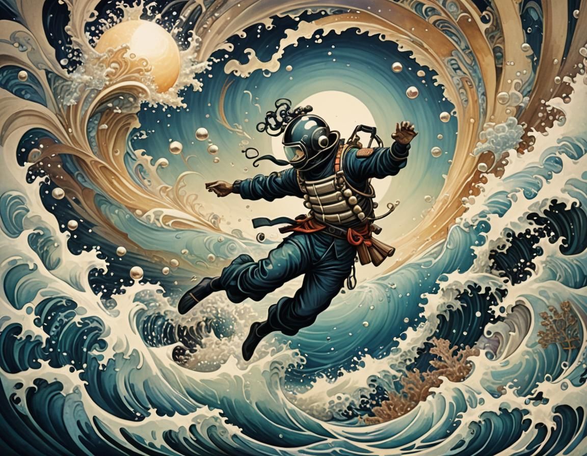 Iridescent Seascape Pearl Diver in Hokusai Style