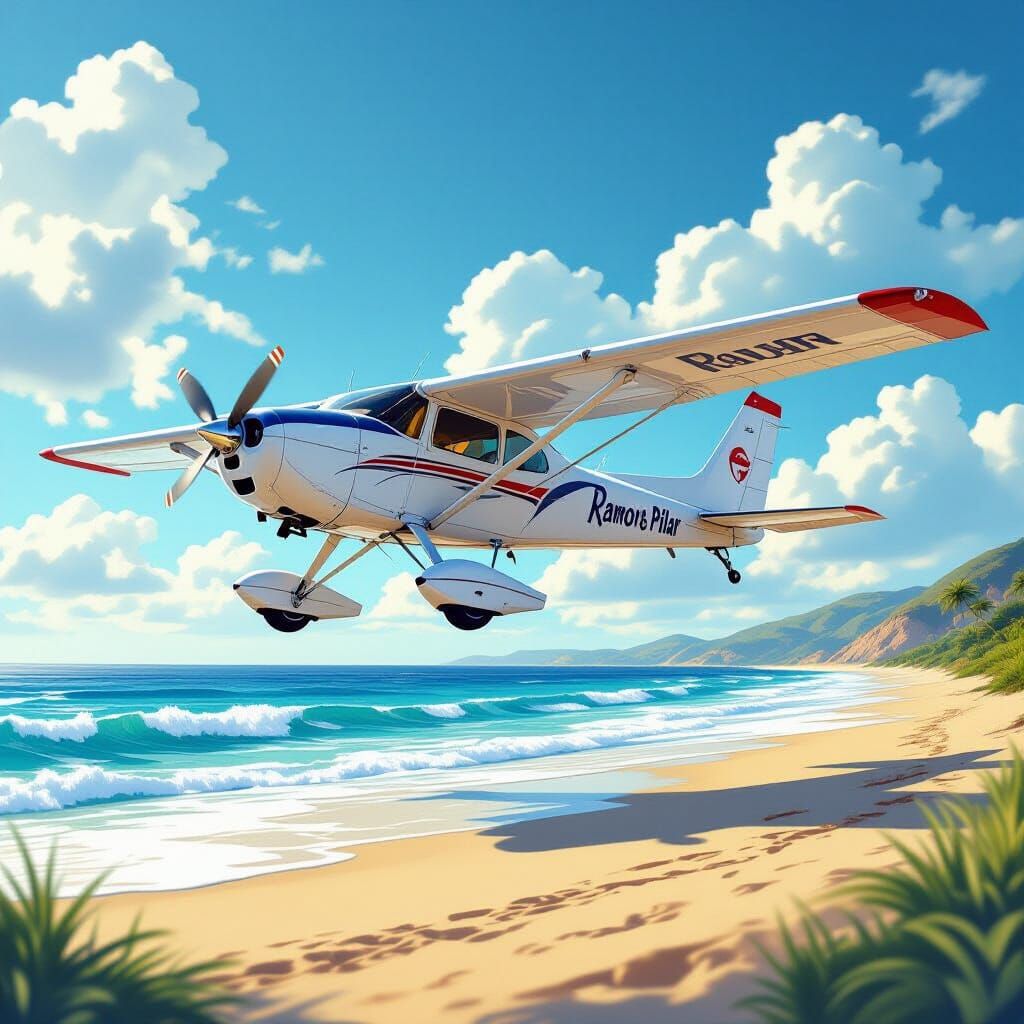 Biplane Flies Over Beach with "Ramon & Pilar" Sign