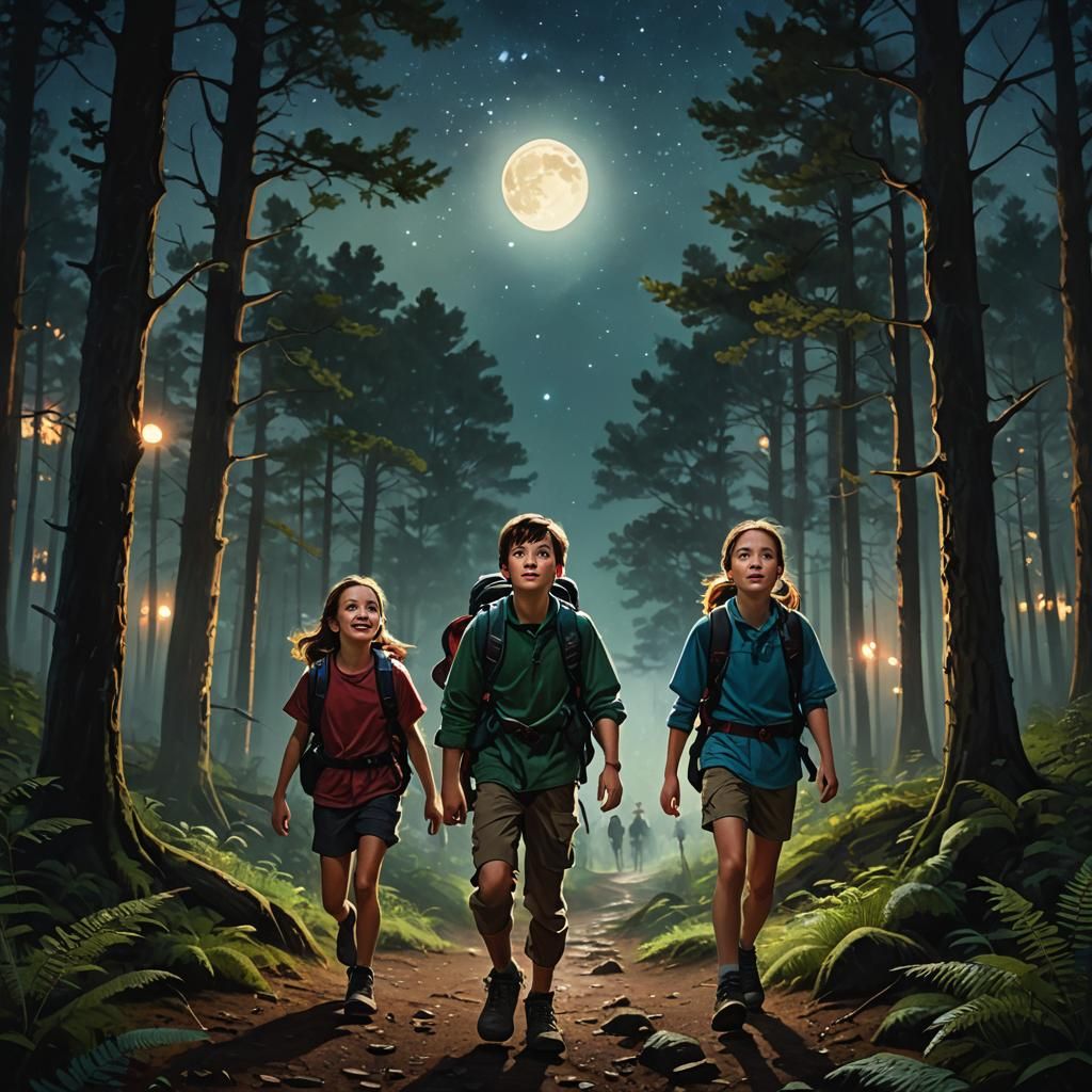 Siblings' Night Hike: A Cinematic Fantasy Scene