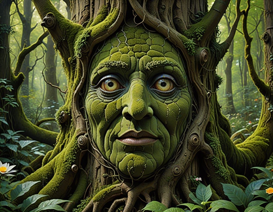 Weathered Tree Trunk with Surprised Expression in Enchanted ...