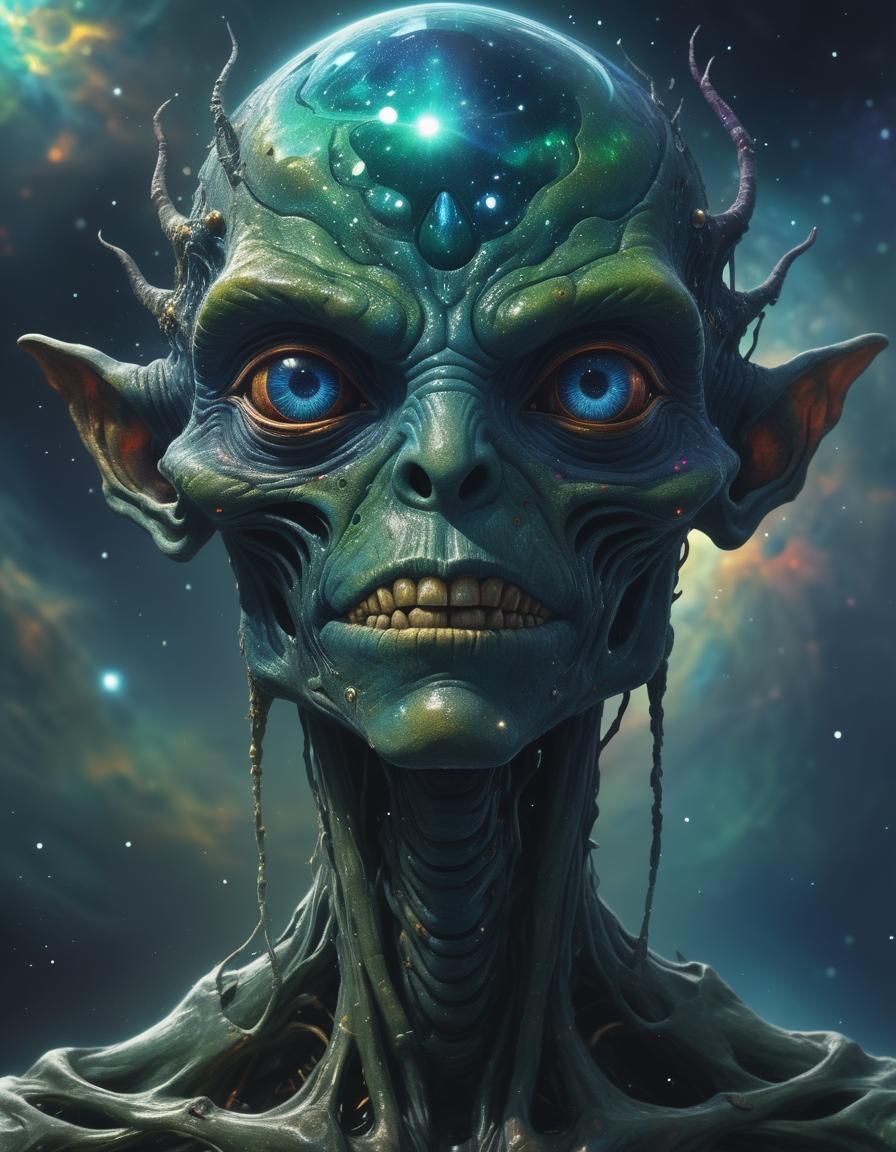 Cosmic Alien Portrait in Pablo Amaringo Style