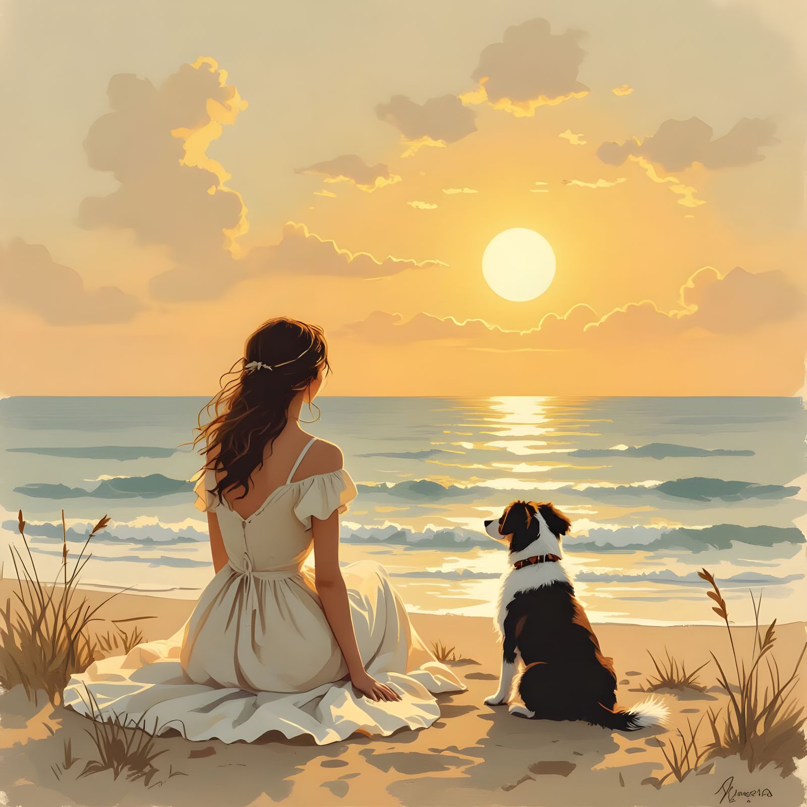 Silhouette of Woman and Dog Watching Sunset