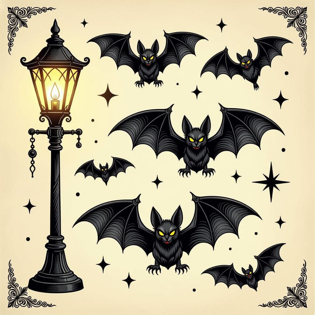 Gothic Bat Tattoo Flash Sheet in Lamp Light