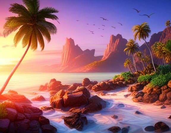 Tropical Beach Sunset in Detailed Matte Painting