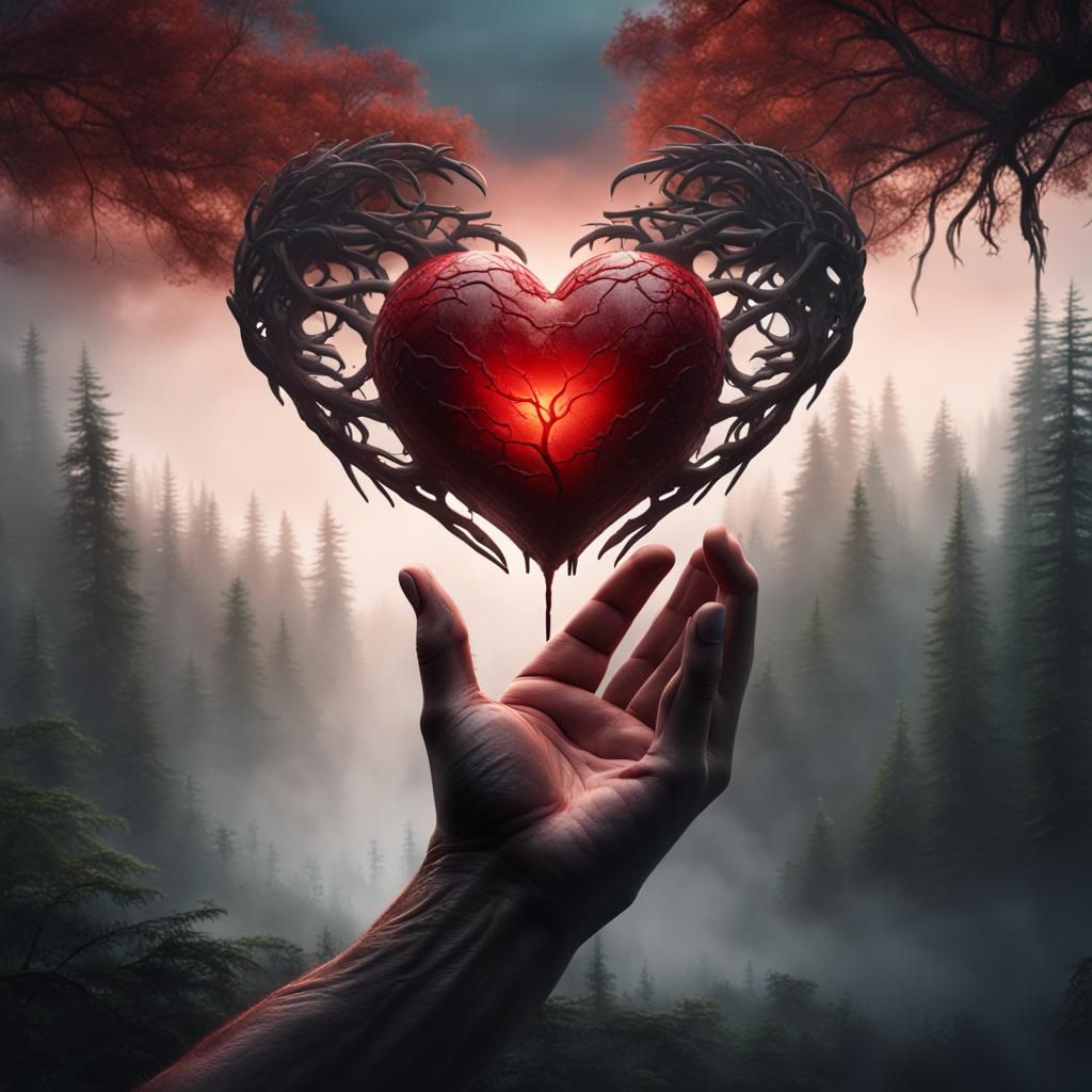 Heart Beating in Hand Against Forest Backdrop