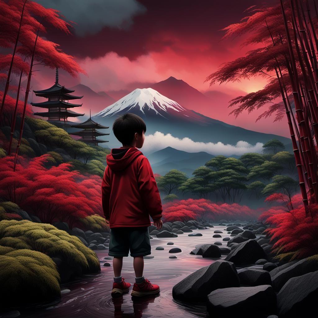 Child in Misty Forest at Foot of Mt. Fuji