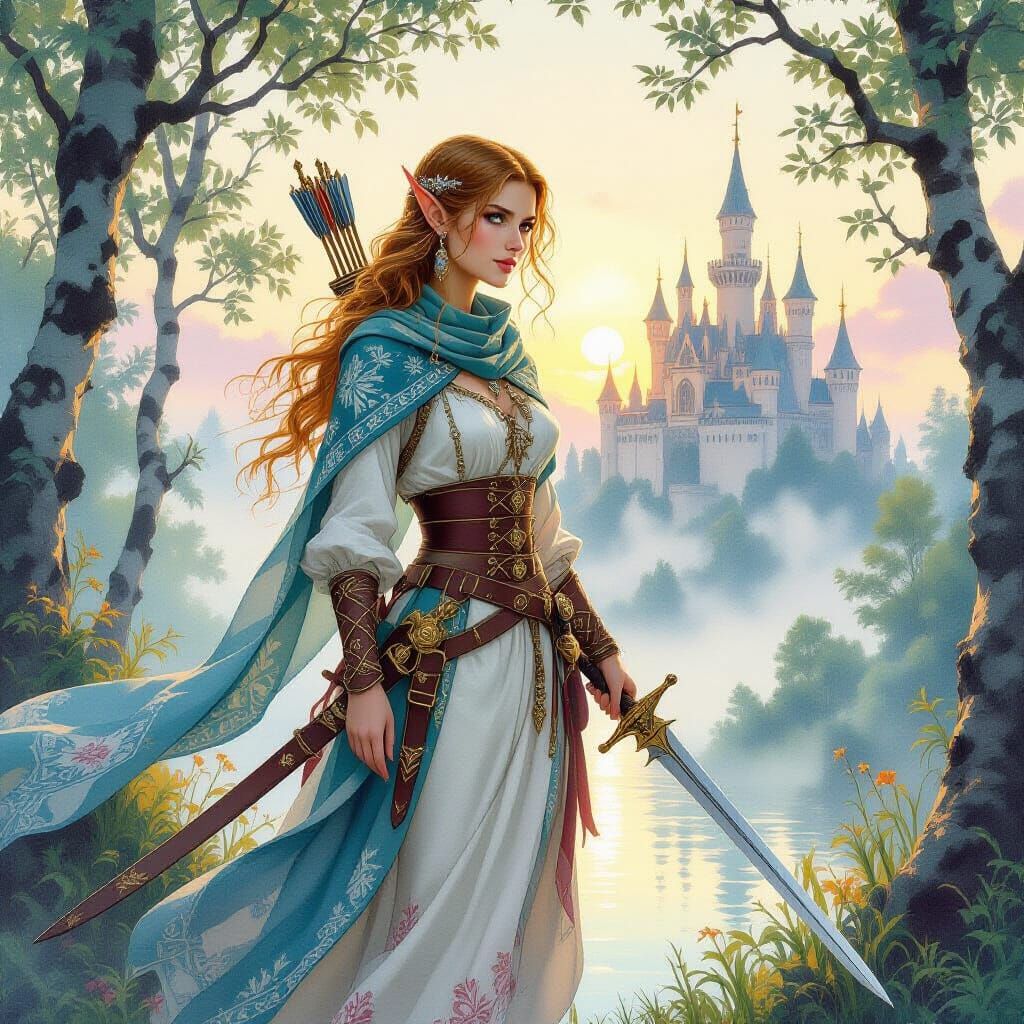 A serene beautiful elf woman in a misty elf woods near to el...