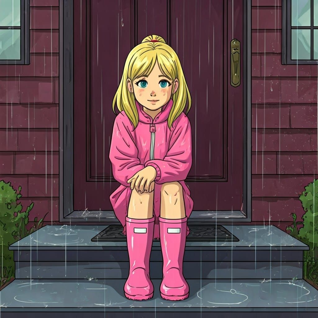 Girl in Pink Rainsuit Sitting in the Rain