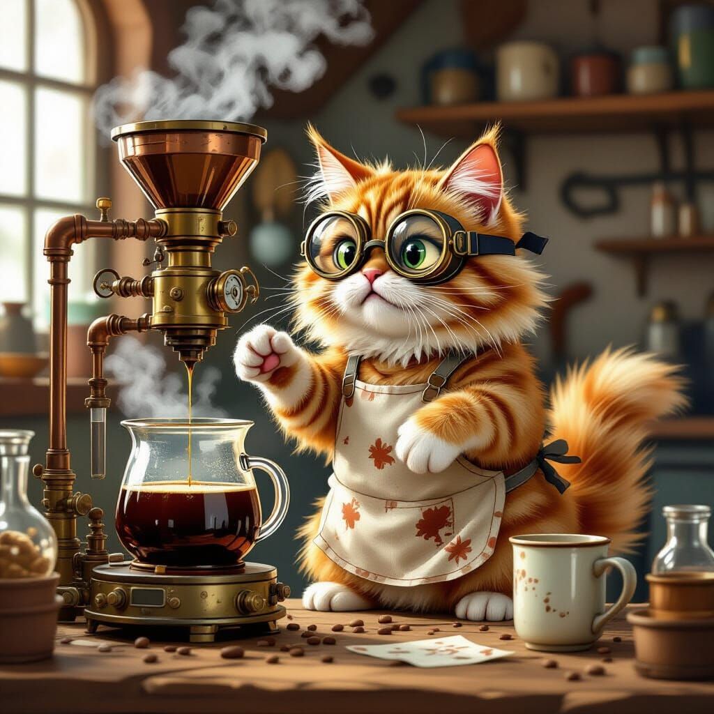 Steampunk Cat's Coffee Machine Mayhem in Cozy Workshop