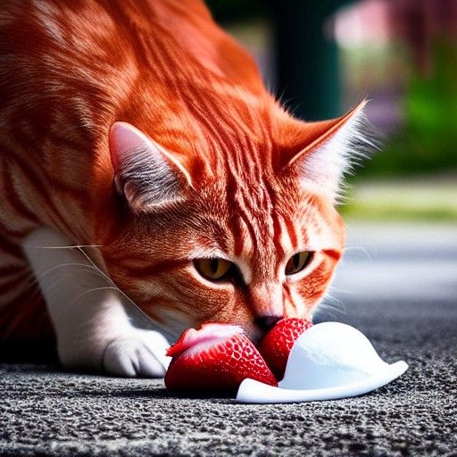 Red Tabby Cat Licking Strawberry Ice Cream Cone