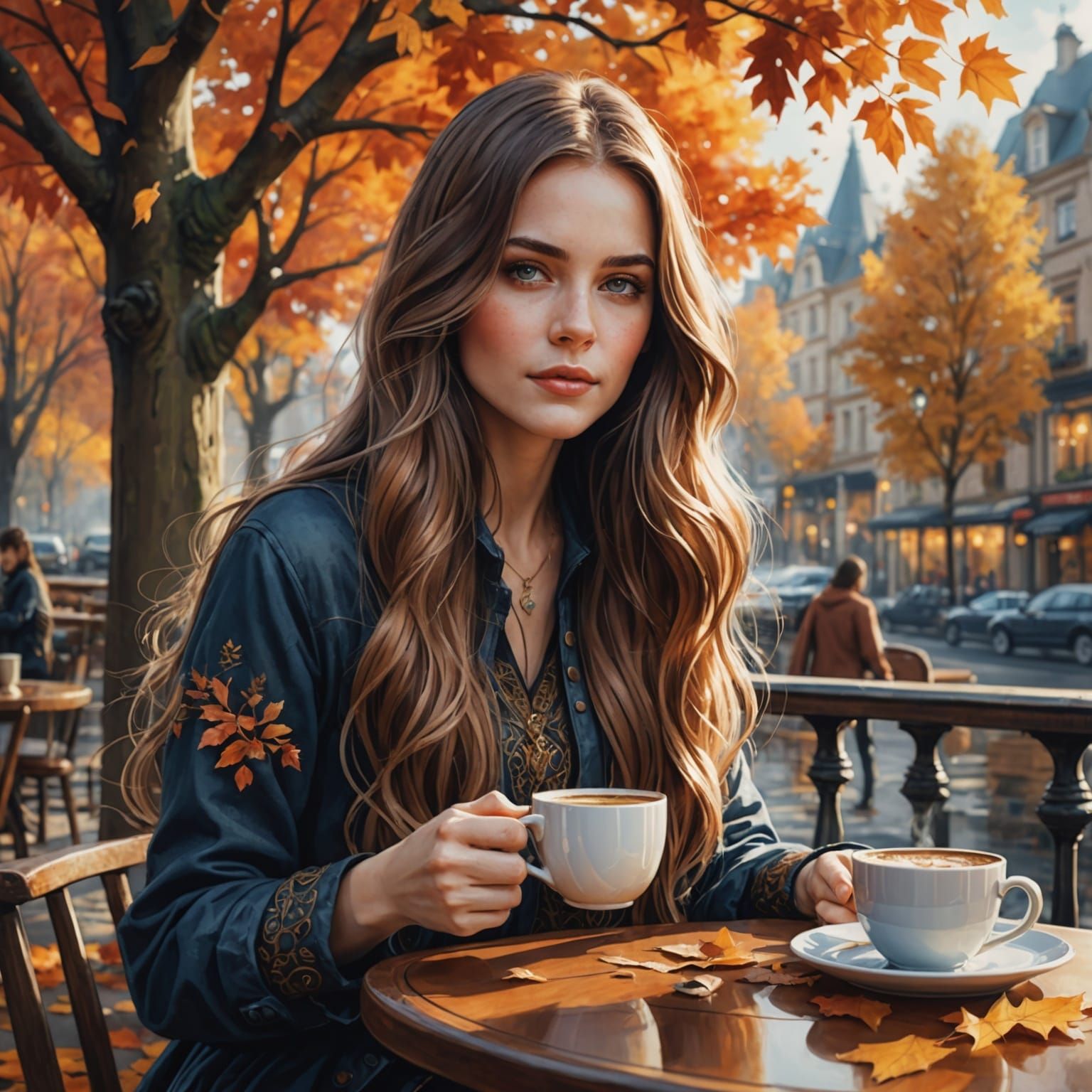 Girl with Coffee: Watercolor Autumn Day