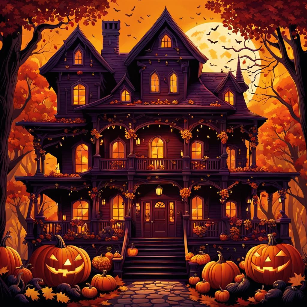 Witches Reunion on Haunted House Porch in Vector Art