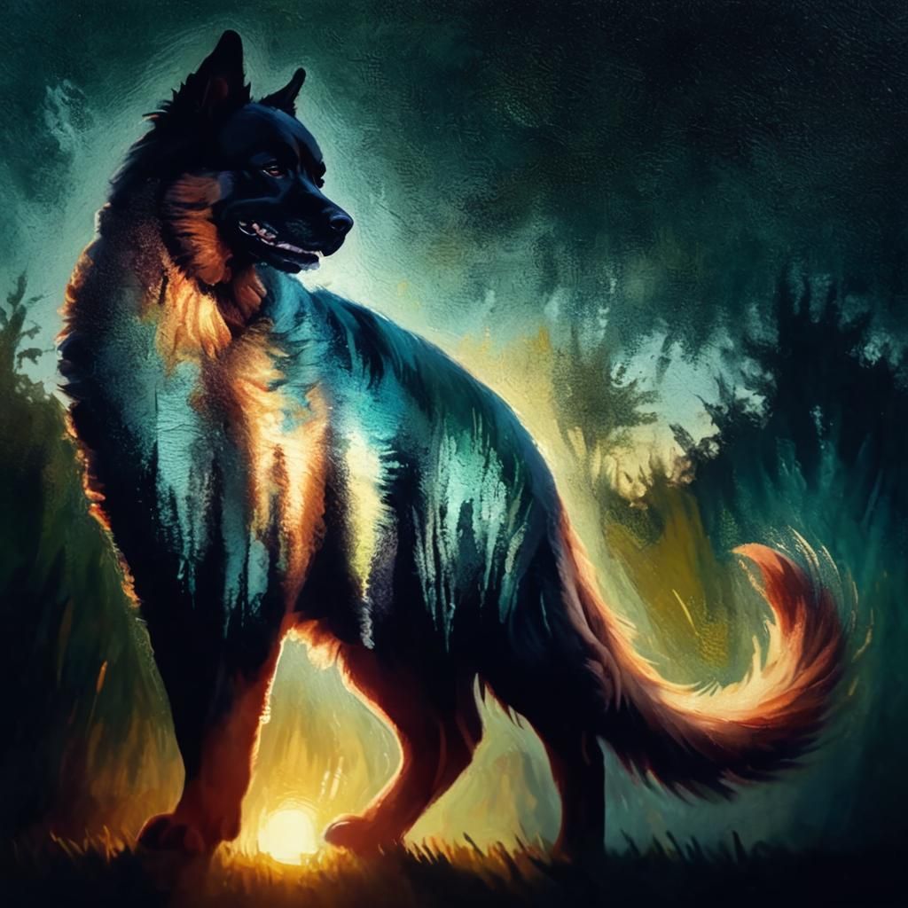 Happy Dog Runs in Meadow: Vibrant Oil Painting