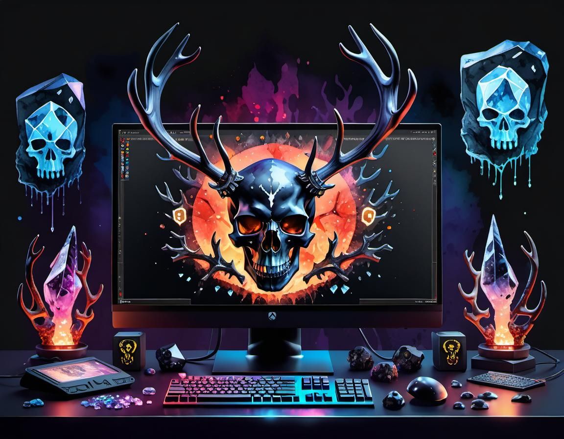 Gaming PCs with Glowing Skull in Watercolour