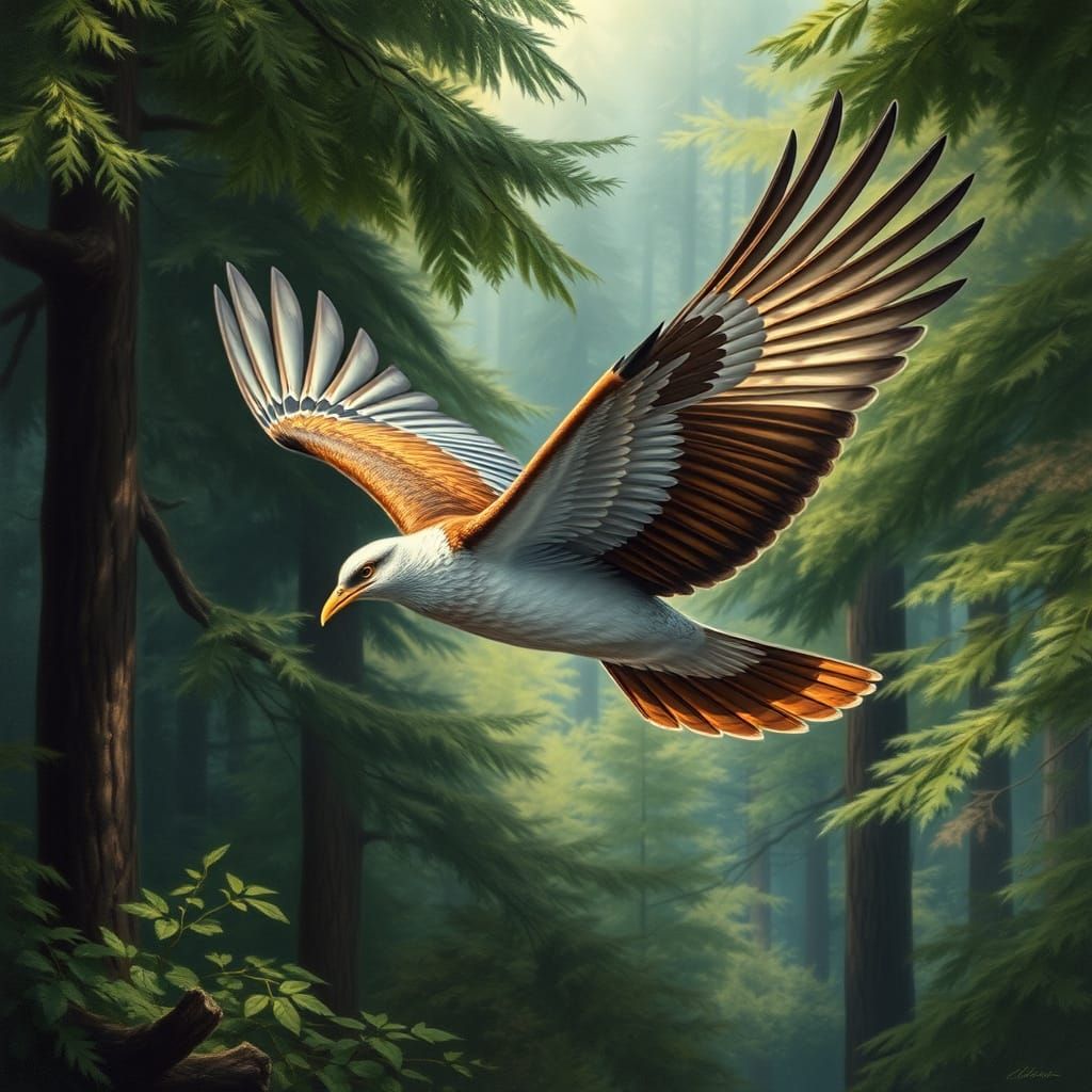 Majestic Bird in Flight Amidst Lush Forest in Realistic Wild...