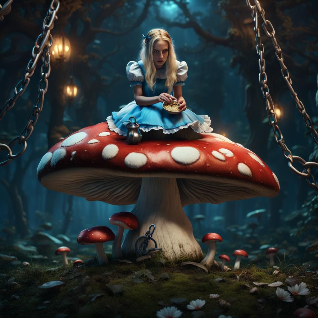 Alice in Wonderland on Mushroom, Ultra Realistic 4K