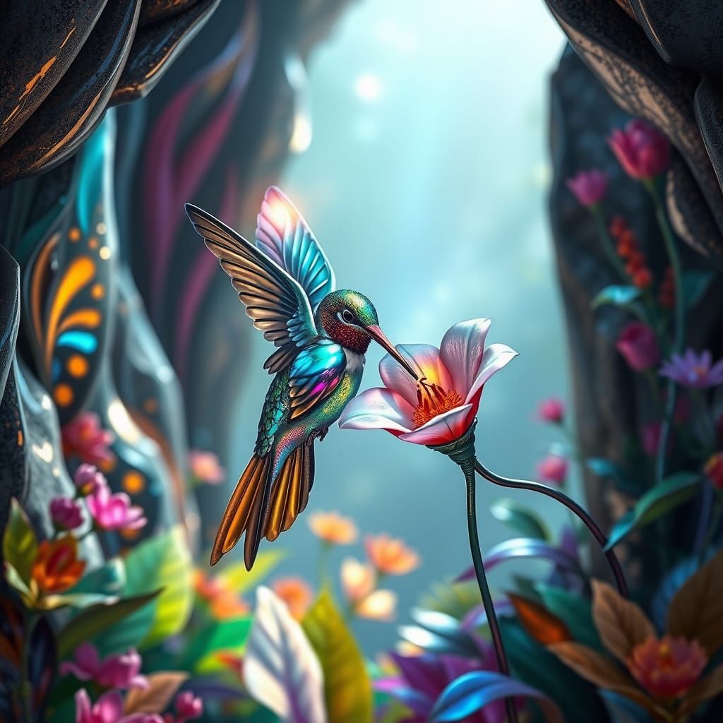 Chrome Hummingbird in Art Nouveau Garden