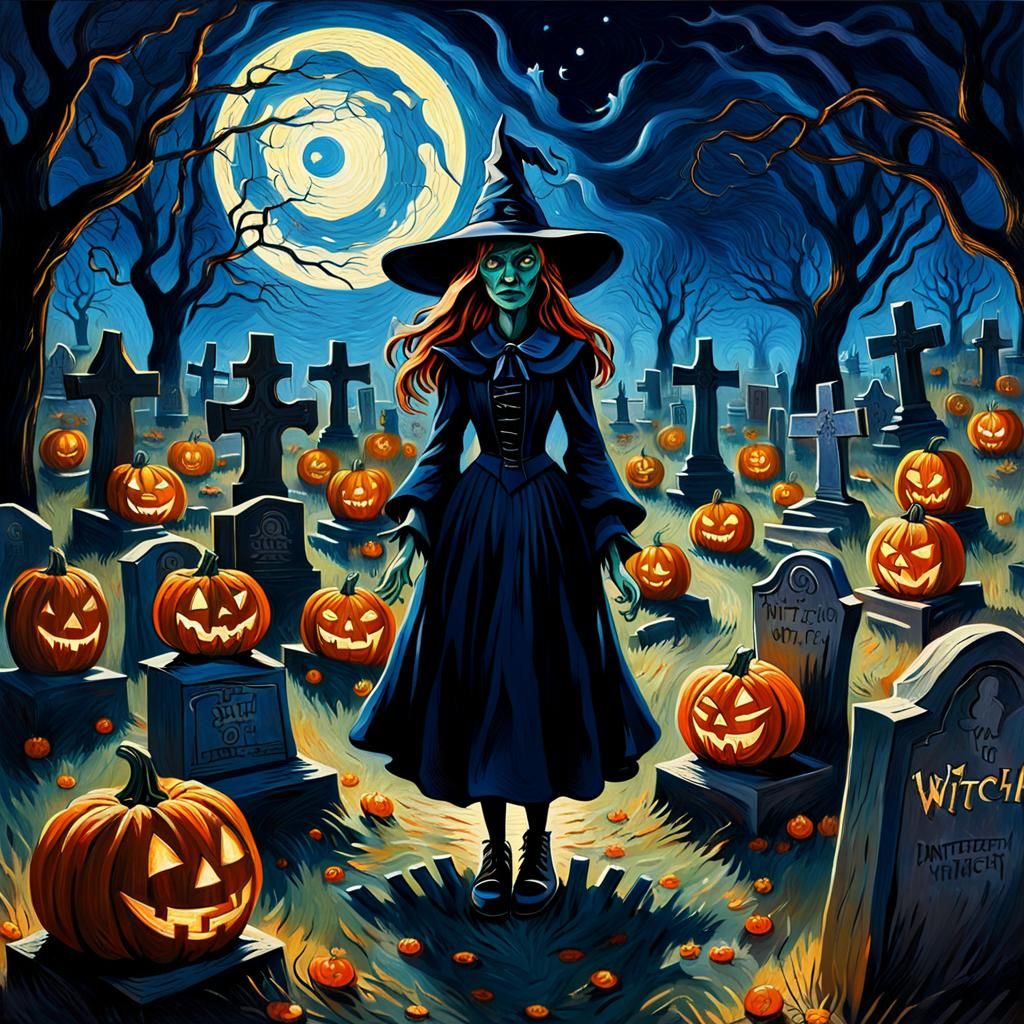 Witch in Graveyard, Van Gogh Inspired Oil Painting