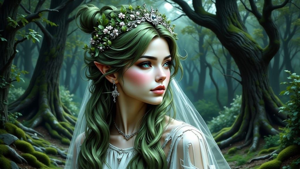 Regal Elven Fey Queen in Moonlit Forest Glade